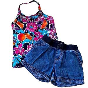 🌴 Children’s Place Tropical Print Halter Top & Denim Shorts Girls M/10-12